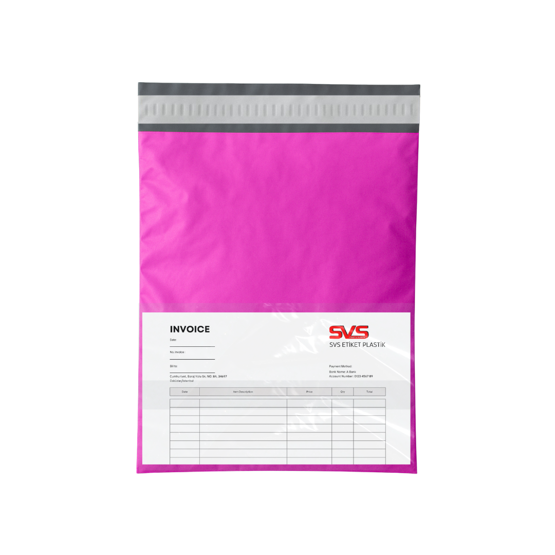 Cepli Pembe kargo poşeti – Hotmelt tutkallı yapısıyla kapandıktan sonra yalnızca yırtılarak açılır. Fatura ve irsaliye için özel şeffaf cebi bulunur, dayanıklı ve doğa dostu malzemeden üretilmiştir. Canlı lila ve pembe renkleriyle dikkat çeker, müşteri memnuniyetini artırır.