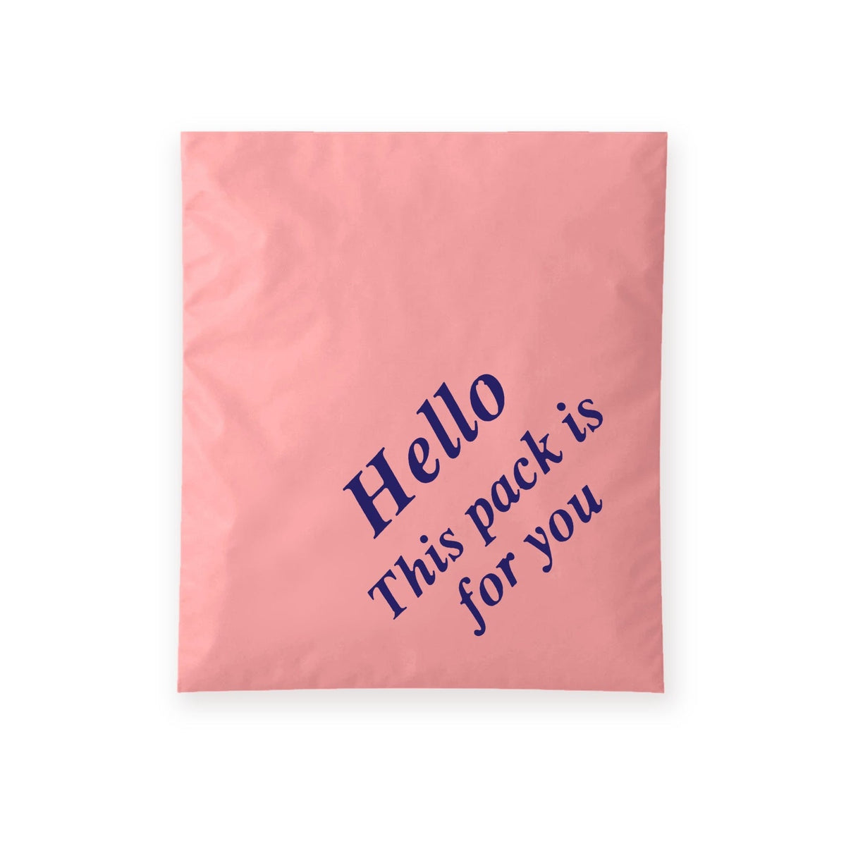 ‘Hello This pack is for you’ baskılı cepsiz gül kurusu kargo poşeti – dayanıklı ve su geçirmez yapısıyla ürünlerinizi taşıma sırasında güvenle korur. Modern gül kurusu rengi ve samimi baskısıyla gönderilerinize şıklık katar.